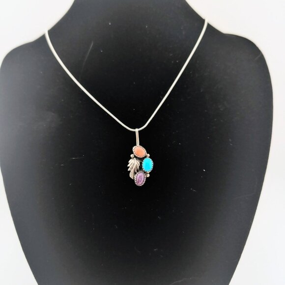 Navajo Pendant Necklace With Spiny Oyster Turquoise & Amethyst By Richard Begay - Picture 2 of 6